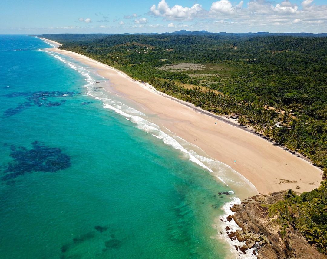 Praia da Engenhoca, em Itacaré, com coqueiros e areia clara